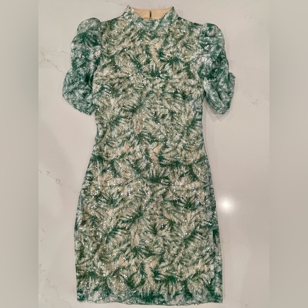 One33 Social Sequin Palm-Print Mock-Neck Dress, size 0